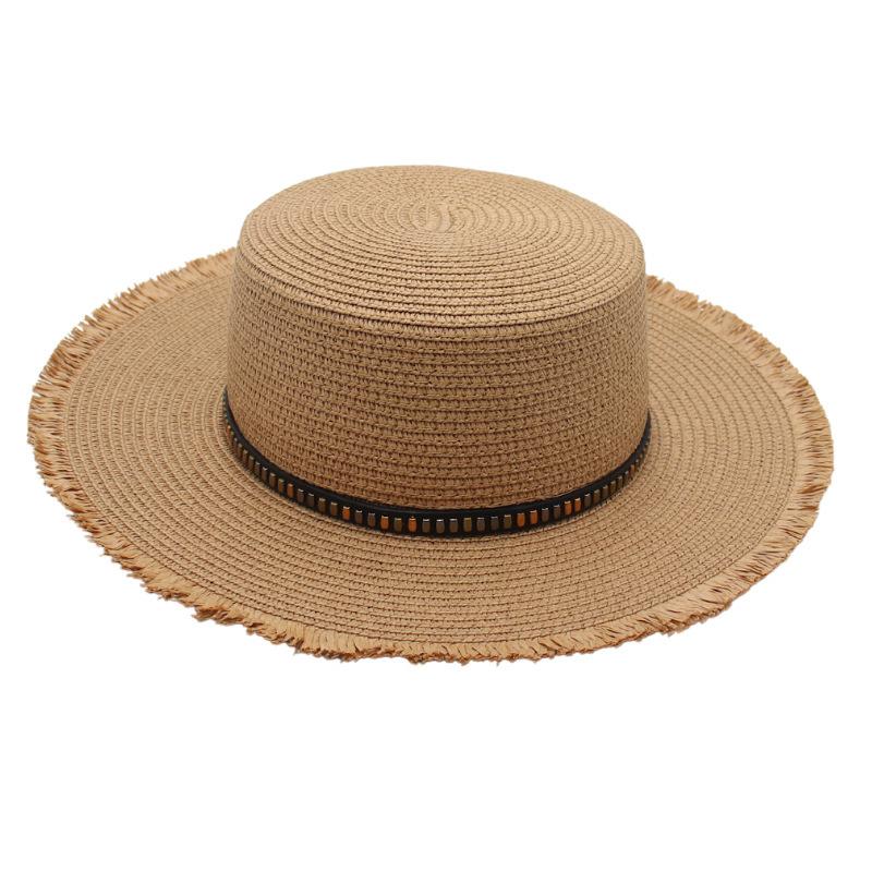 Beaded Flat Top Beach Hat Seaside Visor Rough Rafi Straw Hat Vacation Jazz Hat With Accessories