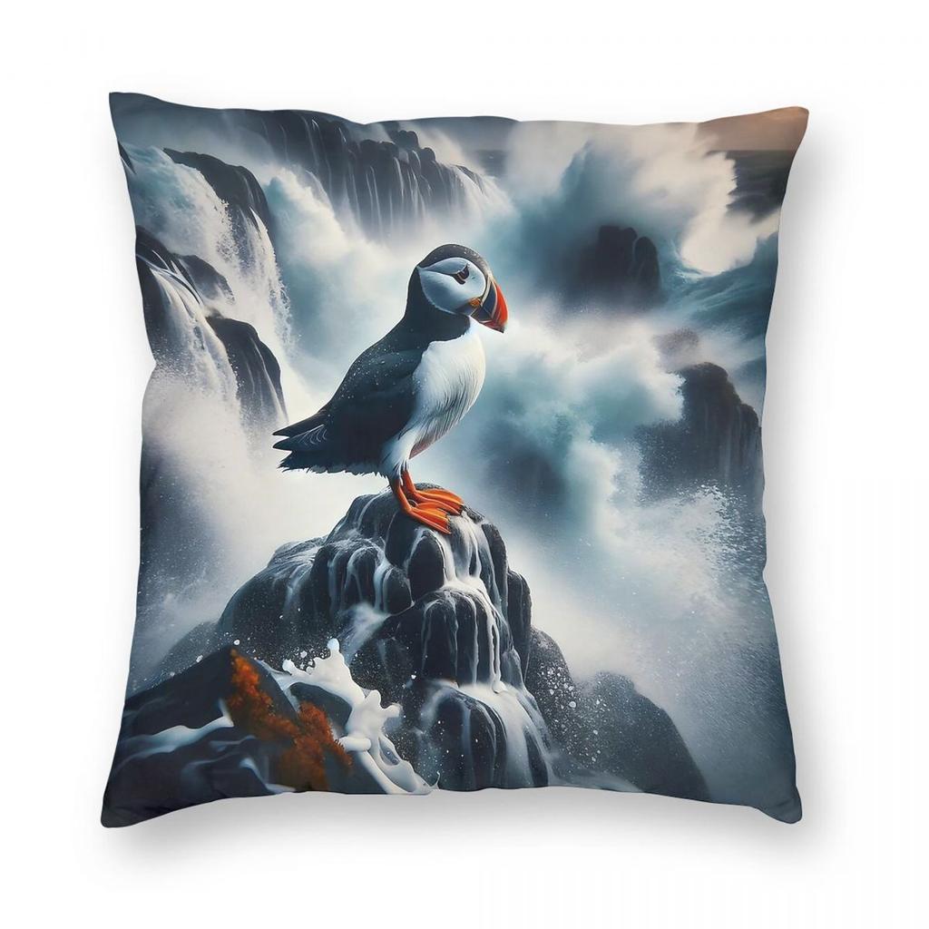 Puffin Crashing Waves Square Pillowcase Polyester Linen Velvet Pattern Zip Decorative Throw Pillow Case Room Cushion Cover
