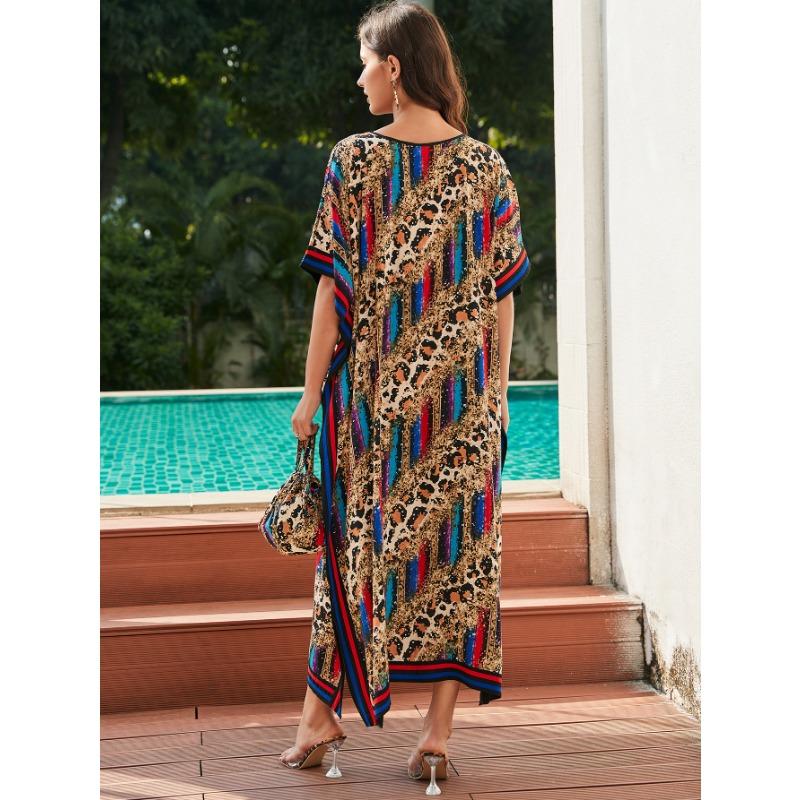 Damenmode Sommer Frühling Leopardenmuster 1/2 Ärmel V-Ausschnitt Lose Taille Freizeitkleider