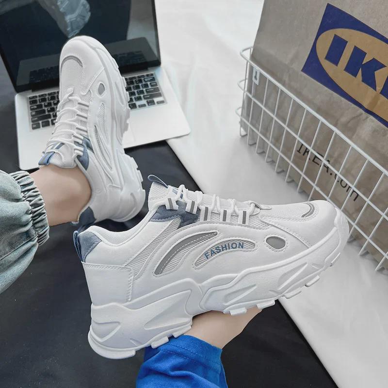 Men's White Chunky Sports Shoes - Autumn 2024 Casual Running Sneakers for Junior High Students