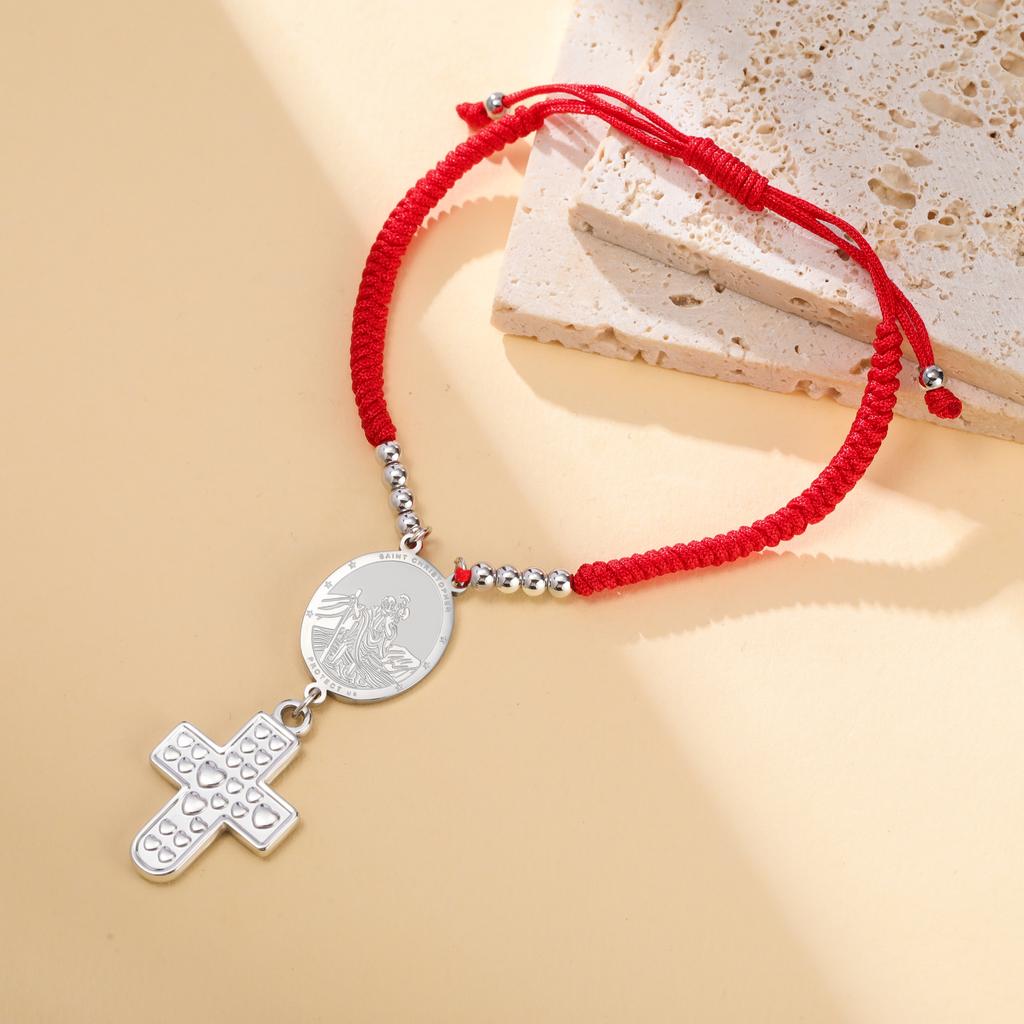 Teamer Saint Christopher Virgin Mary Emboss Heart Cross Pendant Beads Bracelet Stainless Steel Red Black Rope Chain Jewelry