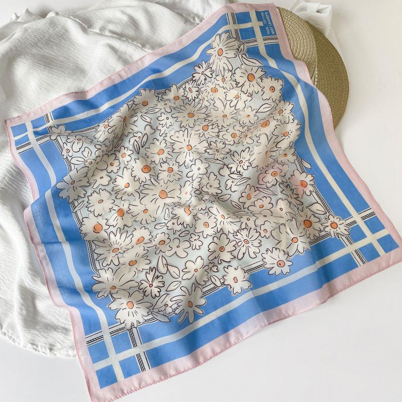 French Pastoral Small Scarf Silk Scarf Daisy Print 55 Square Scarf Elegant Women'S Silk Scarf Soft Cotton Headscarf Scarf