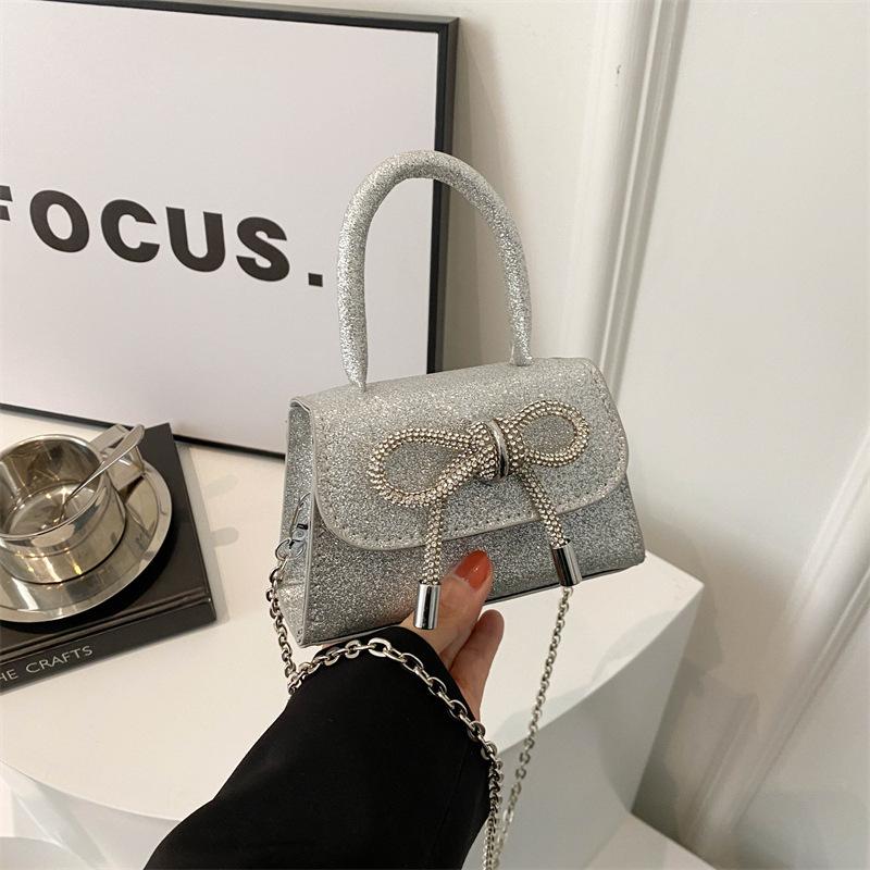 2025 New Chain Crossbody Shoulder Sequined Women's Bag Texture Small Fragrant Wind Solid Color Bow Mini Portable Bag