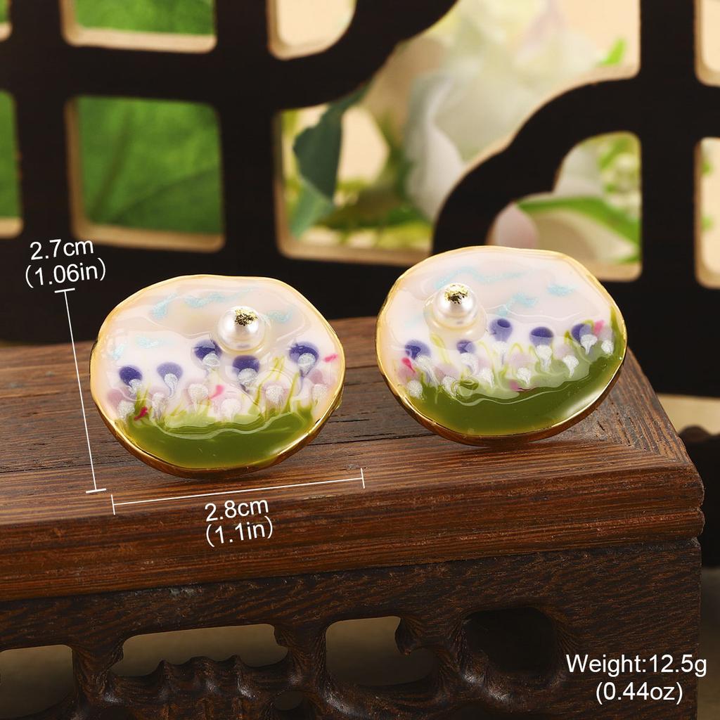 Natural Pearl Flower Oil Drop Earrings Oil Painting Series Enamel Geometric Butterfly Earrings Jewelry Niche Fashion Women