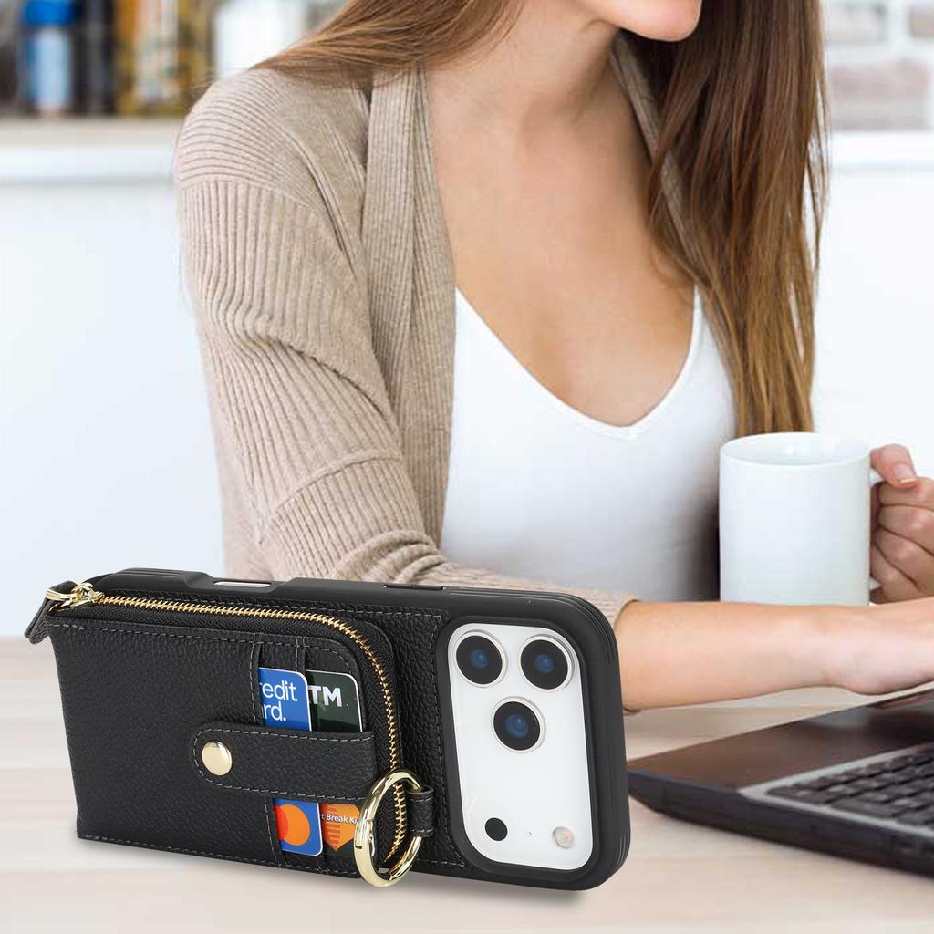 For iPhone 17 Pro Max Case with Zipper Pouch / Ring Kickstand / Strap Litchi Texture PU + TPU Phone Cover