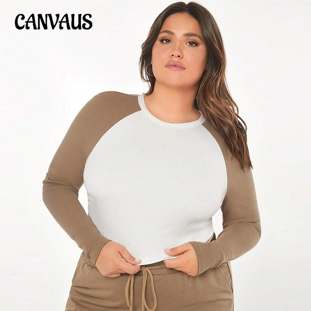 

Women s New Autumn Slim Round Neck Splicing Color Long Sleeved Short Top 1XL хаки