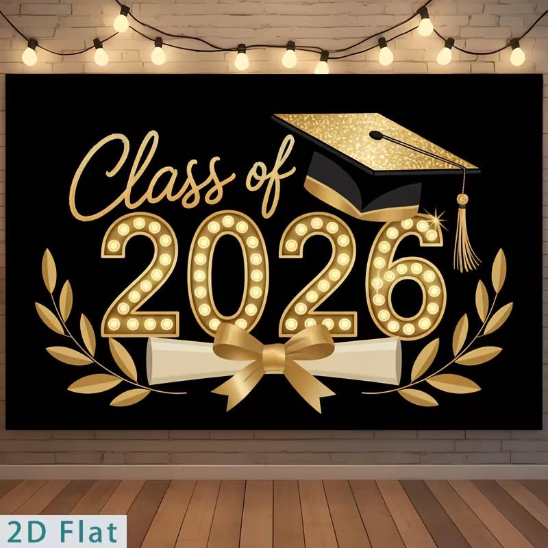 

2D Class of 2026 Graduation Photography Backdrop Black Gold Cap, Diploma and Laurel Party Background 47.2x31.5inch/120*80cm