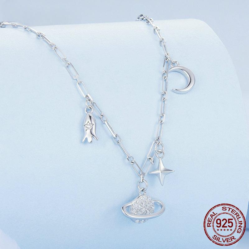 S925 S925 Stříbrný náhrdelník s přívěskem Hvězdné nebe Náhrdelník s hvězdou a planetou pro ženy Dárek Zirkonové jemné šperky