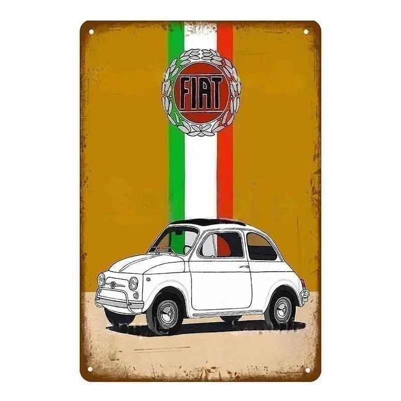 Sinais de Lata de Metal Vintage Clássico Fiat 500 Pôster de Metal Decoração de Arte de Parede Pôster Decoração de Parede para Casa Café Bar Pub Pôster Arte em Metal de Carro