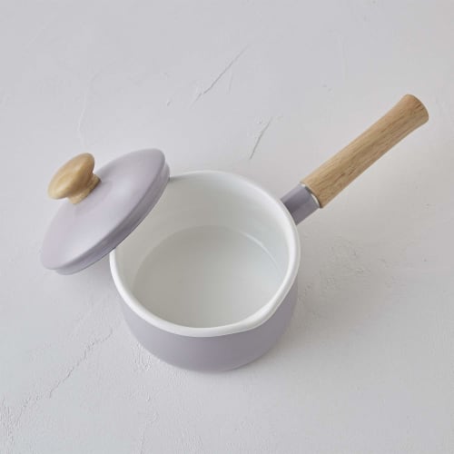 Fuji Enamel Milk Pan with Lid, 15cm, 1.2L, Gas and Induction Compatible, Purple Ash, Long Handle, Enamel Pot