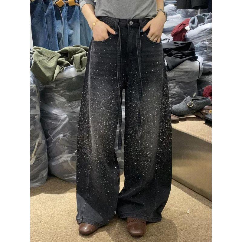 

Джинсы большого размера в американском ретро-стиле, прочные, с украшением из страз для женщин, весна-осень 2026, свободные, широкие, с изогнутым низом, длиной до пола Black S [Recommendation 40-47.5kg]