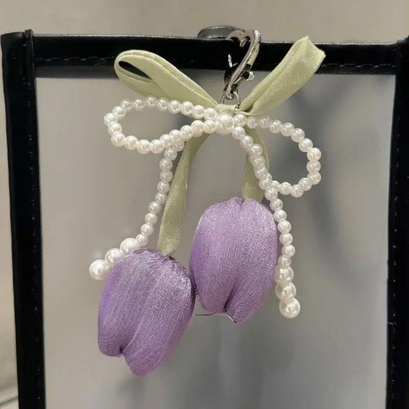 Tulips Pearls Beaded Braided Keychain Bowknot Charm For Handbag Purse Backpack Jewelry Accessories Fashion Decoration