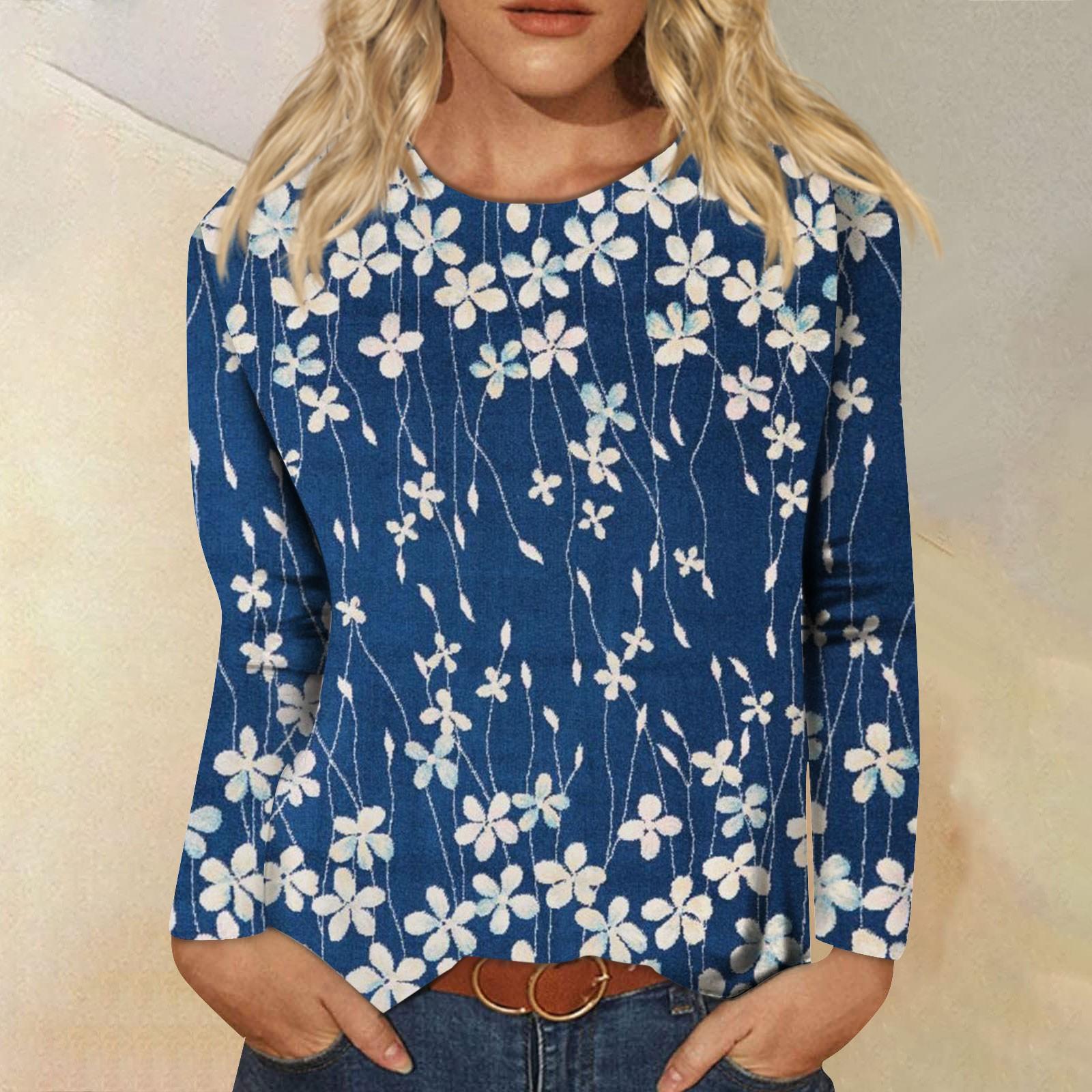 

Женская мода, повседневная блузка с длинным рукавом и круглым вырезом, пуловер с принтом L синий