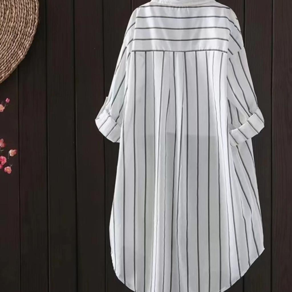 Cămașă Casual cu Dungi de Lungime Medie Îmbrăcăminte de Protecție Solară pentru Femei Cămașă de Vară pentru Aer Condiționat Jachetă Subțire Cardigan Versatil pentru Femei