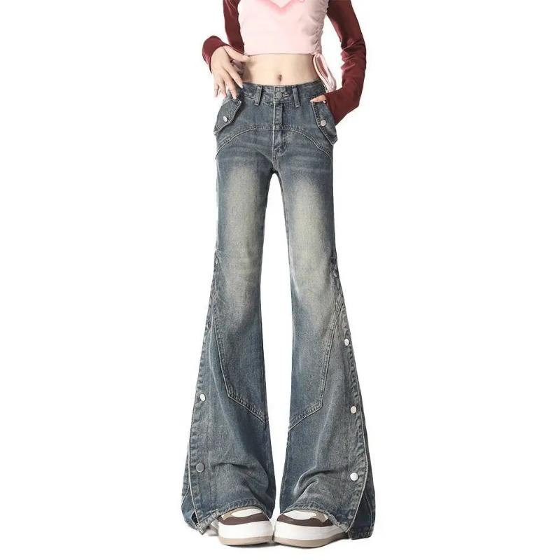 

American Retro Micro Flared Women Jeans In High Street Gothic Split Design for Men and Women Pants High Waisted Jeans XL синій