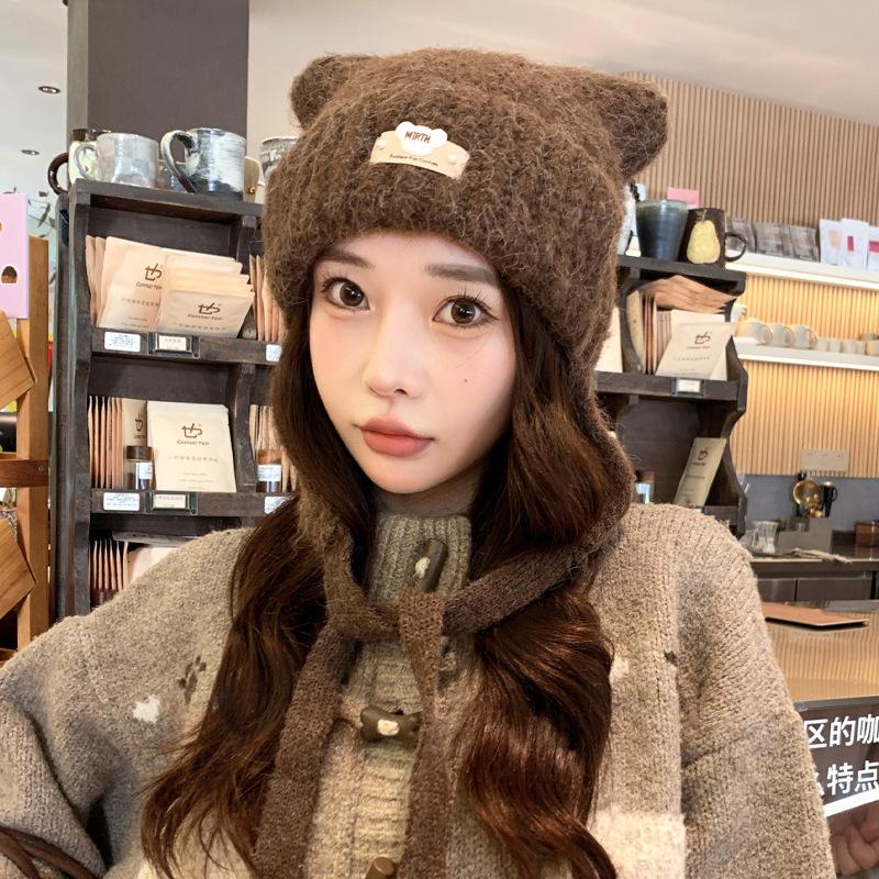 Cute ear hat women's autumn and winter warm windproof knitted hat sweet versatile ear protector small wool hat