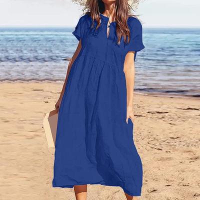 Women's Cotton Linen Maxi Dress Casual Short Sleeve V-Neck Sundress Loose Beach Pleated Long Dress for Summer Vacation