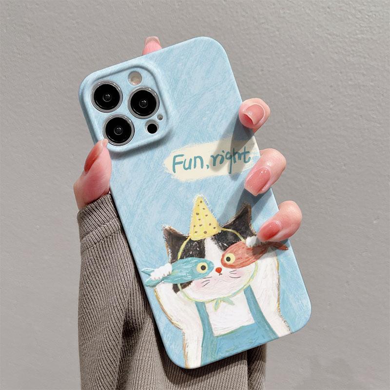 Lovely Cat Fish Glossy Film Hard PC Phone Case for Oppo A6 A5 A78 A3 A3X A60 A74 A38 A58 A96 A57 A76 A36 A17 A16e A55 Pro 4G 5G