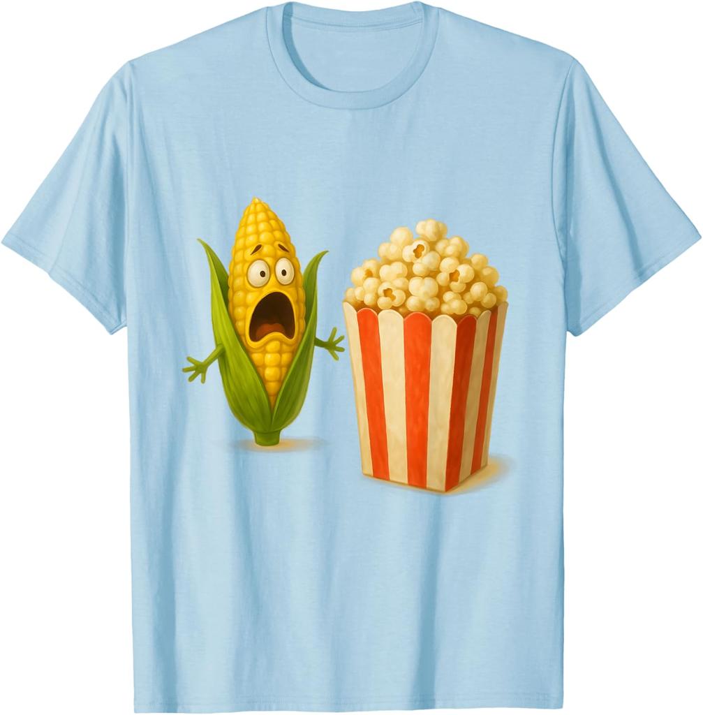 Funny Screaming Corn Popcorn Horror Food Humor Graphic Tee Casual Cotton T-Shirt for Men Women