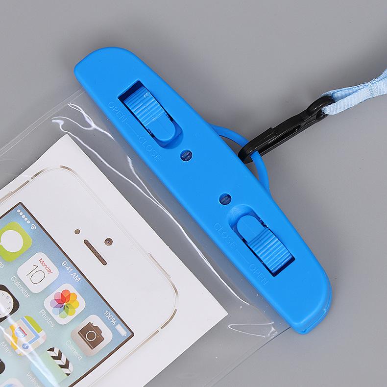 Transparent waterproof phone bag with classic style, touch screen access, neck strap for hot spring use.