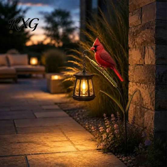 Creative Metal Patio Decorations Garden Solar Light, Red Bird Lantern, Outdoor Stake Yard Decor, Colorful Hand Painted Art Warm Glow Lantern for Lawn