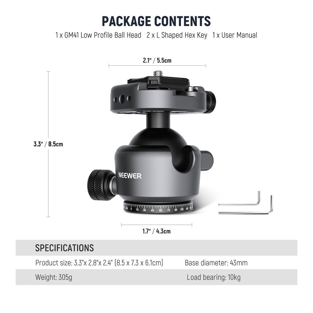 NEEWER GM41 Ball Low Center of Gravity Ball Tripod Rotation Includes 40mm Metal Panoramic Camera Mount Adapter QR Compatible with Peak Design Capture