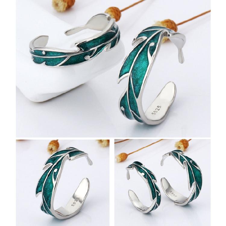 2x Green Plantain Open Rings for Women Men Gifts Vintage Leaves Finger Ring