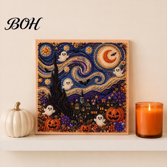Jesienna Dekoracja Świąteczna Halloween Sztuczna Perła Artystyczna Zestaw DIY, Zestaw Rękodzieła Haftu Koralikowego 3D, Straszny Ręcznie Robiony Duch Dynia Koza Wiedźma Sztuka na Ścianę, Sezonowy