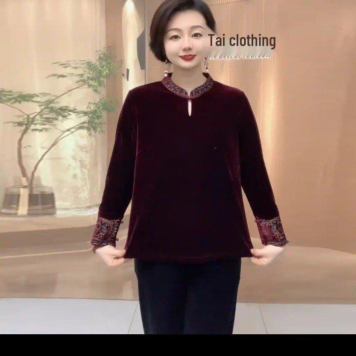 Velvet Long-Sleeve Qipao Top for Middle-Aged & Elderly Mothers - Autumn/Winter Fashion Base Layer