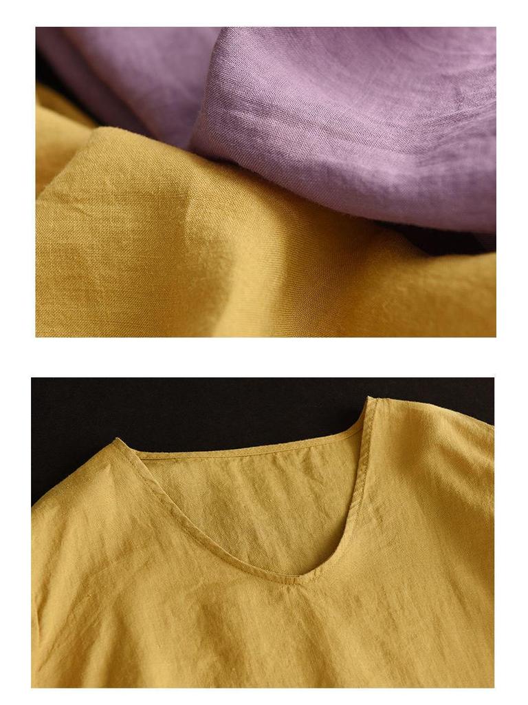 Damen Retro Baumwolle Leinen Übergröße Kurzarm Top - Schlankmachend, Vielseitig, Einfarbiges Freizeit-T-Shirt