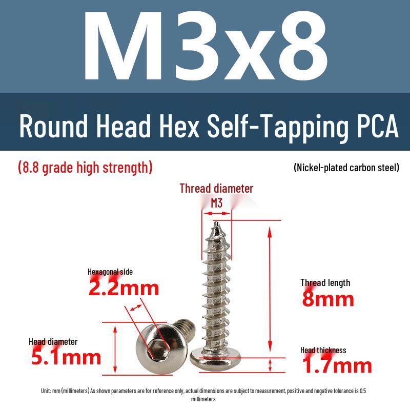 8.8 Grade Round Head Hex Socket Self-Tapping Screws M2-M4 Carbon Steel Bolts