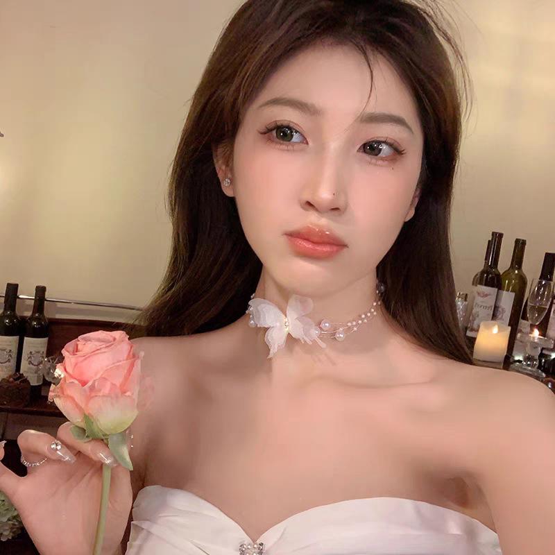 Korean Butterfly Imitation Pearl Chain Choker Necklace Fairy Butterfly Layered Pearl Clavicle Chain Necklaces Women Jewelry