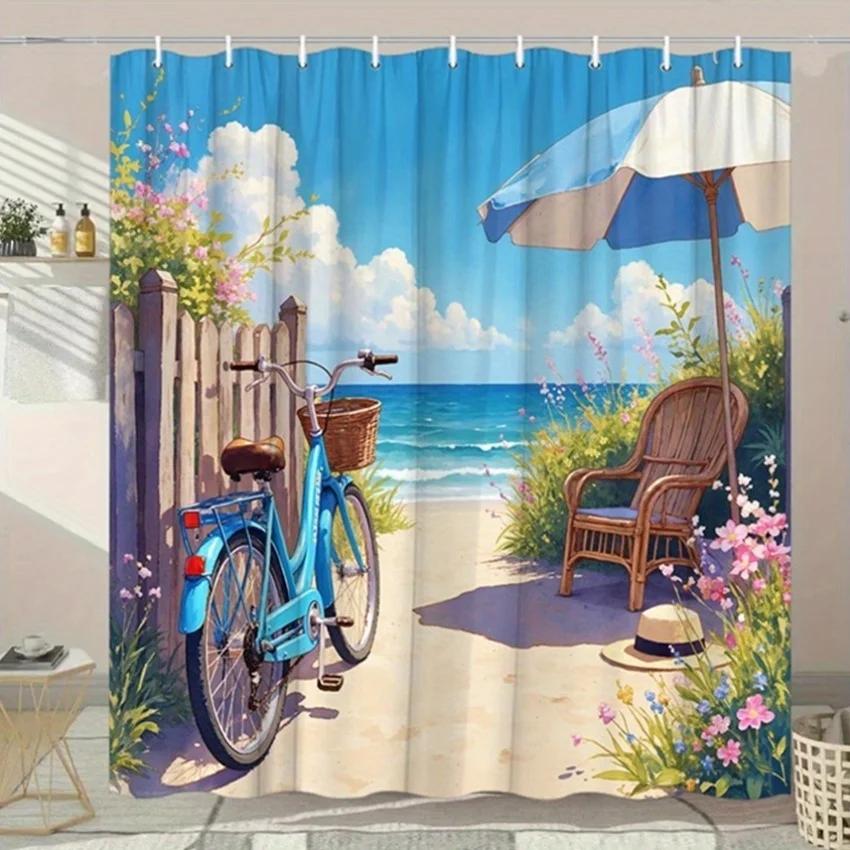Exquisite Fashion Items Blue Serene Beachside Shower Curtain - Bicycle, Wildflowers, Wooden Fence, Beach Umbrella, Ocean Waves, Clear Sky, Polyester