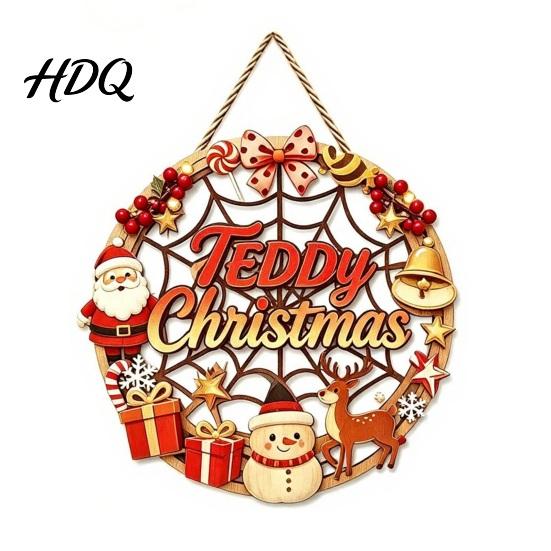 Snowman Gift Theme Decoration Christmas Door Sign Double Sided Hanging Wooden Plaque for Front Door Decor Rustic Holiday Wall Indoor Outdoor