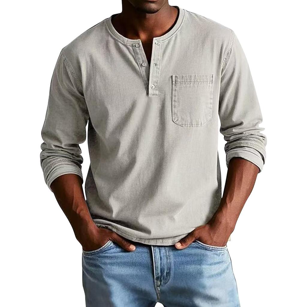 Men's Solid Color Distressed Button Collar Long Sleeve Tops Men's Casual Fashion Tops