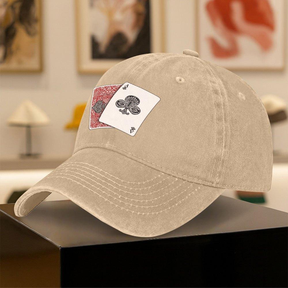 Vintage Washed Duckbill Baseball Cap with Playing Card Pattern Print Unisex Fashion Hat for Outdoor Sports Daily Wear