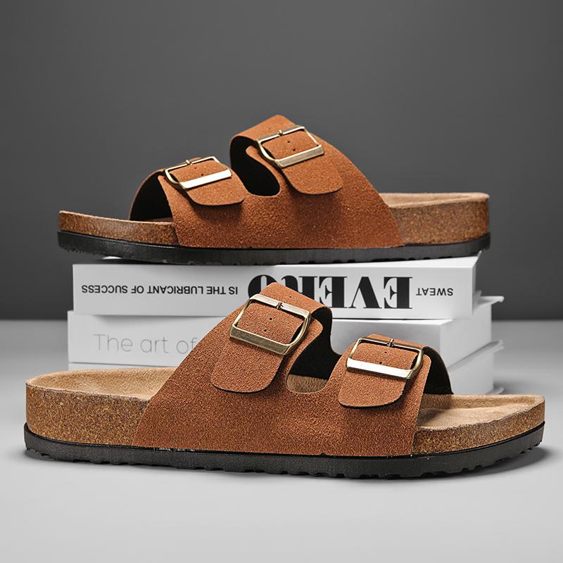 Mens Slippers Arch Support Slip-on Suede Shoe Crestar Cork Footbed Arizona Sandals for Women Solid Color Double Button Slippers