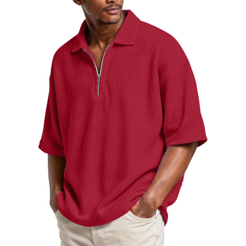 Men’s Waffle Knit Short Sleeve Polo Shirt with Half Zip Front Casual Loose Fit Pullover Top for Everyday Wear