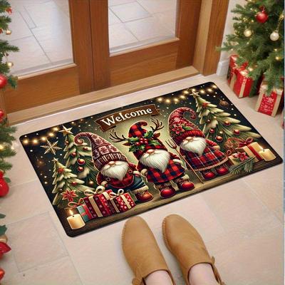 Christmas Gnome Tree Flannel Door Mat Carpet, Absorbent Non-Slip Machine Washable for Kitchen Living Room Bedroom Decor
