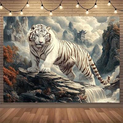 1pc White Tiger Tapestry - Polyester Fabric, Machine Washable, Suitable for Bedroom Living Room Dormitory Decoration