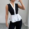 Women's Color Block V Neck Sleeveless Peplum Blouse Button Front Fitted Casual Vest Top