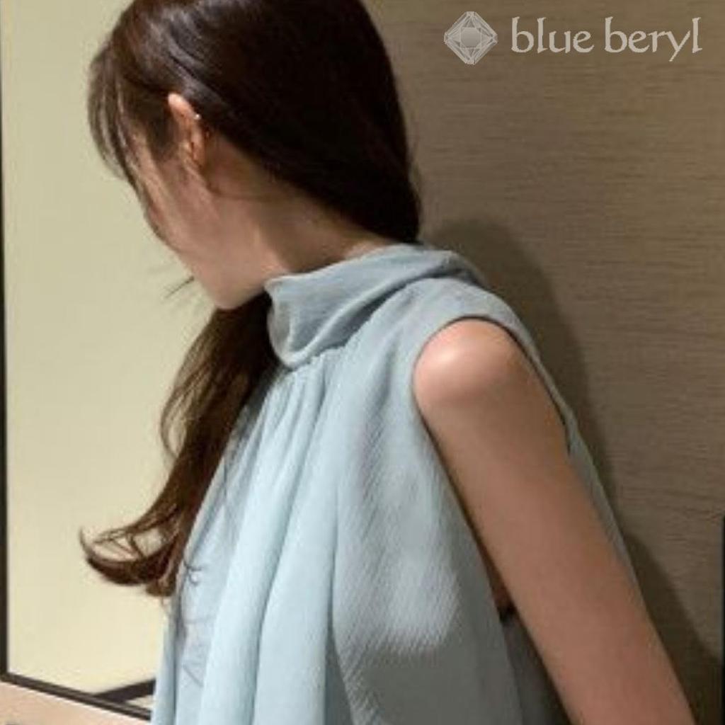 Blue Beryl Chiffon Back Women's Blouse, Gathered, Sleeveless, Ribbon, Lined, Stylish, Blue, BB078-BL-XL
