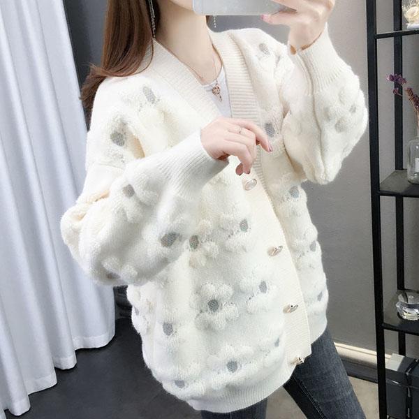 Cardigan tricoté ample vintage grande taille pour femme, pull court tricoté à manches longues et col en V pour printemps et automne