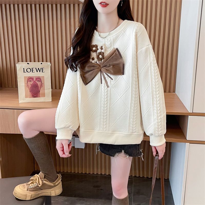 Women Korean Fashion 3D Flower Bow Sweet Chic Sweatshirt Casual Streetwear Y2K Hoodie Round Neck Long Sleeve Loose Pullover Tops