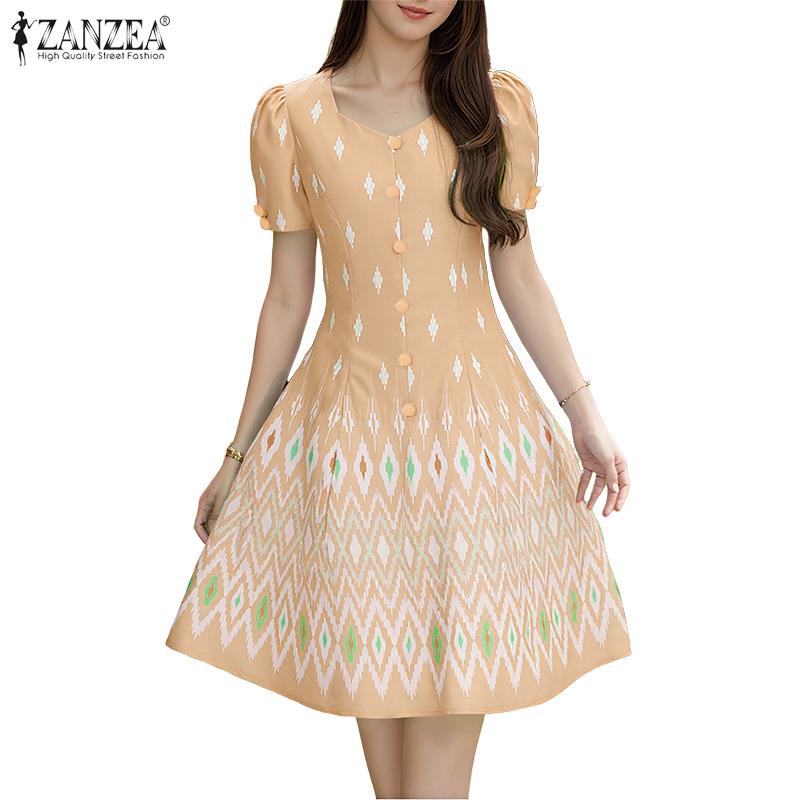 ZANZEA Women Casual Sweetheart Neck Summer Short Sleeve Print Dress