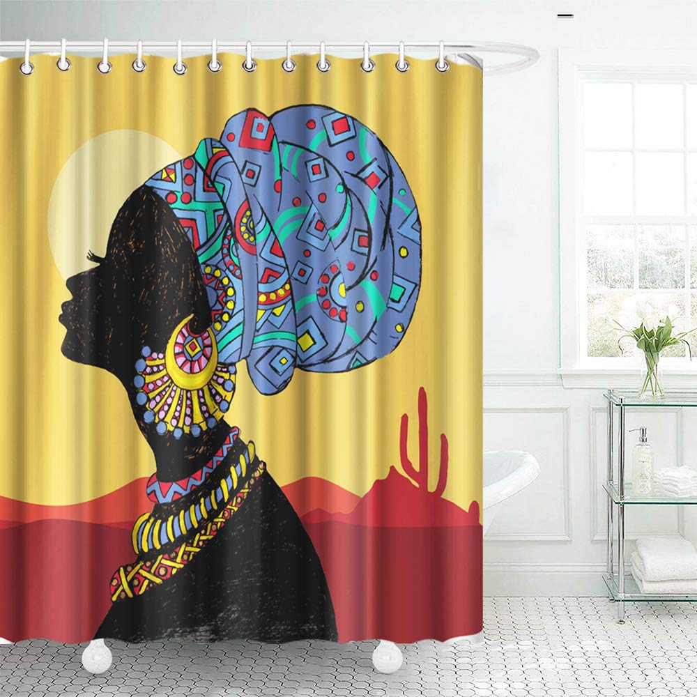 

African Egyptian Women Shower Curtain With 12 Hooks African Girl Shower Curtain Waterproof Durable Afro Lady Shower Curtains Set W60H190(CM)-1 Pcs