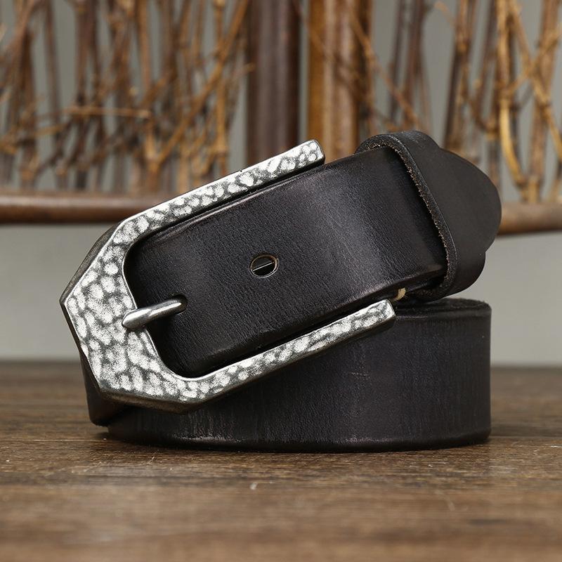 Belt Men's Retro Personality Hammered Stainless Steel Buckle Genuine Cattlehide Leather Surface Trendy All-Matching Jeans Belt Men