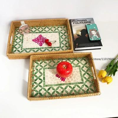 Rectangular Natural Shell Rattan Basket Creative Rattan Storage Tray Colorful Shell Storage Basket Fruit Dish Home Organizer