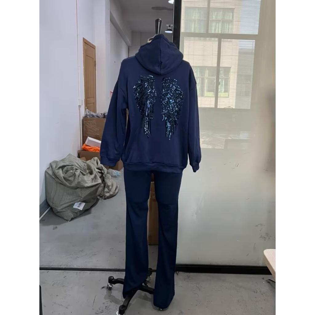 2KWEIRD Women's Shinny Sequin Angel Wings Hooded Jacket Pant Long Sleeve Loose Casual Hooded Pullover New Lady Y2K Autumn Outwears