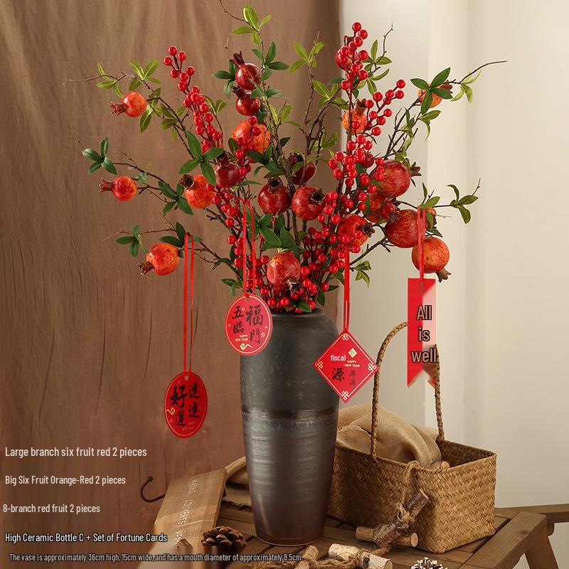 Persimmon and Pomegranate Faux Flower Arrangement for Living Room or Foyer